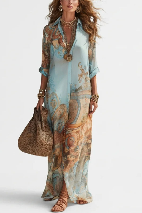 Boho Vintage Art Print Button Down Maxi Shirt Dress
