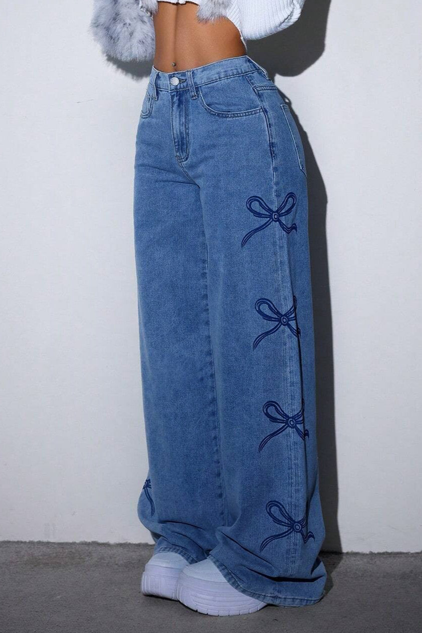 Y2K High Waist Bow Print Jeans