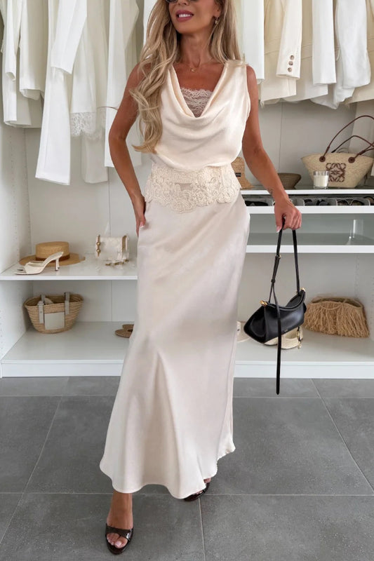 Solaya Satin Draped Sleeveless Lace Patchwork Top and Elegant Maxi Falre Skirt Set