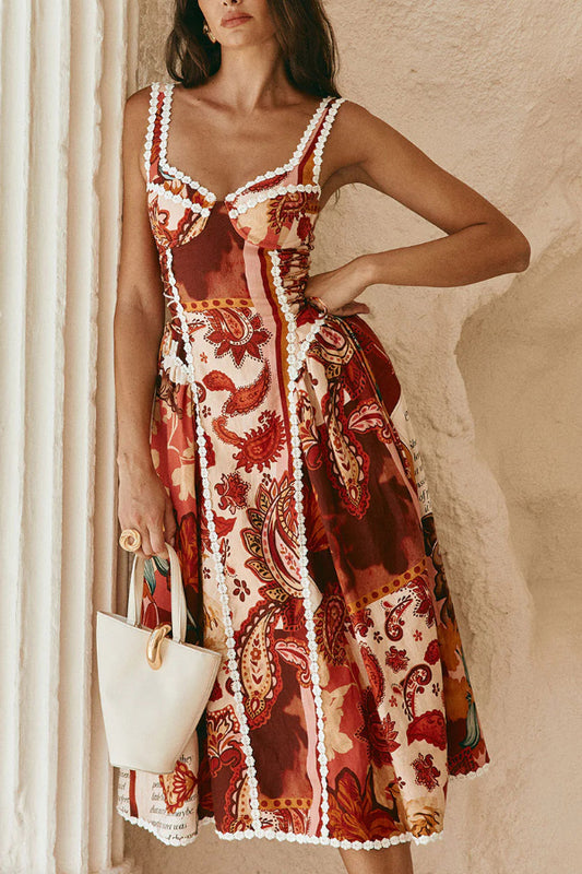 Unique Printed Floral Trim Suspender Side Tie Vacation Midi Dress