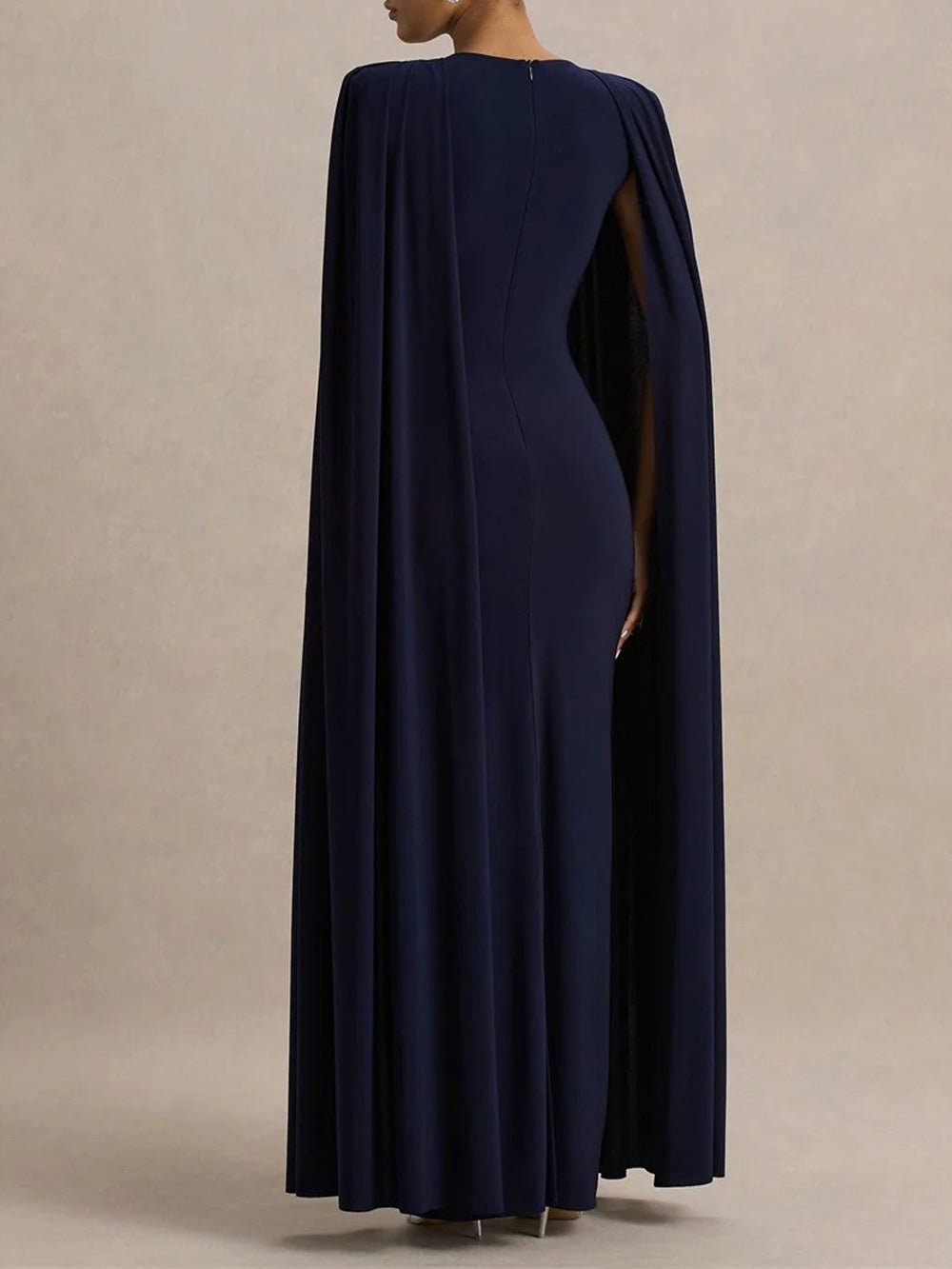 Blue Crew Neck Shoulder Cape Drape Column Maxi Gown