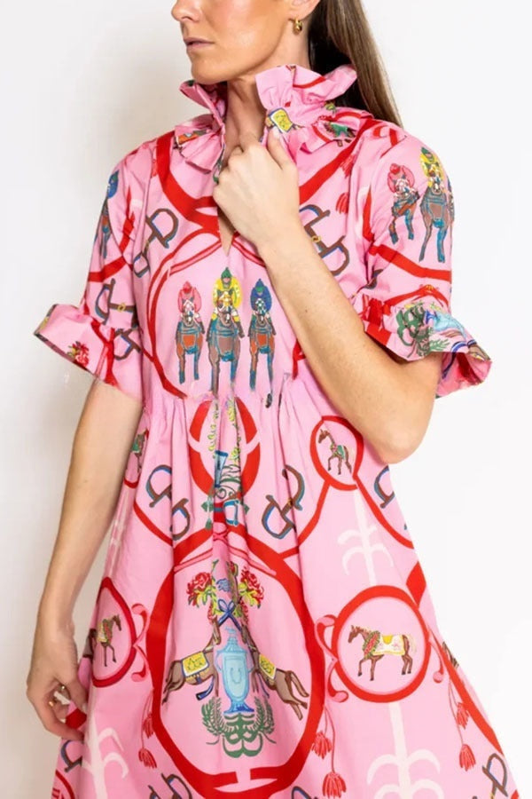Churchill Social Playful Warhorse Print Stand Neck Ruffle Sleeve Belted Pocket Caftan Midi Dress