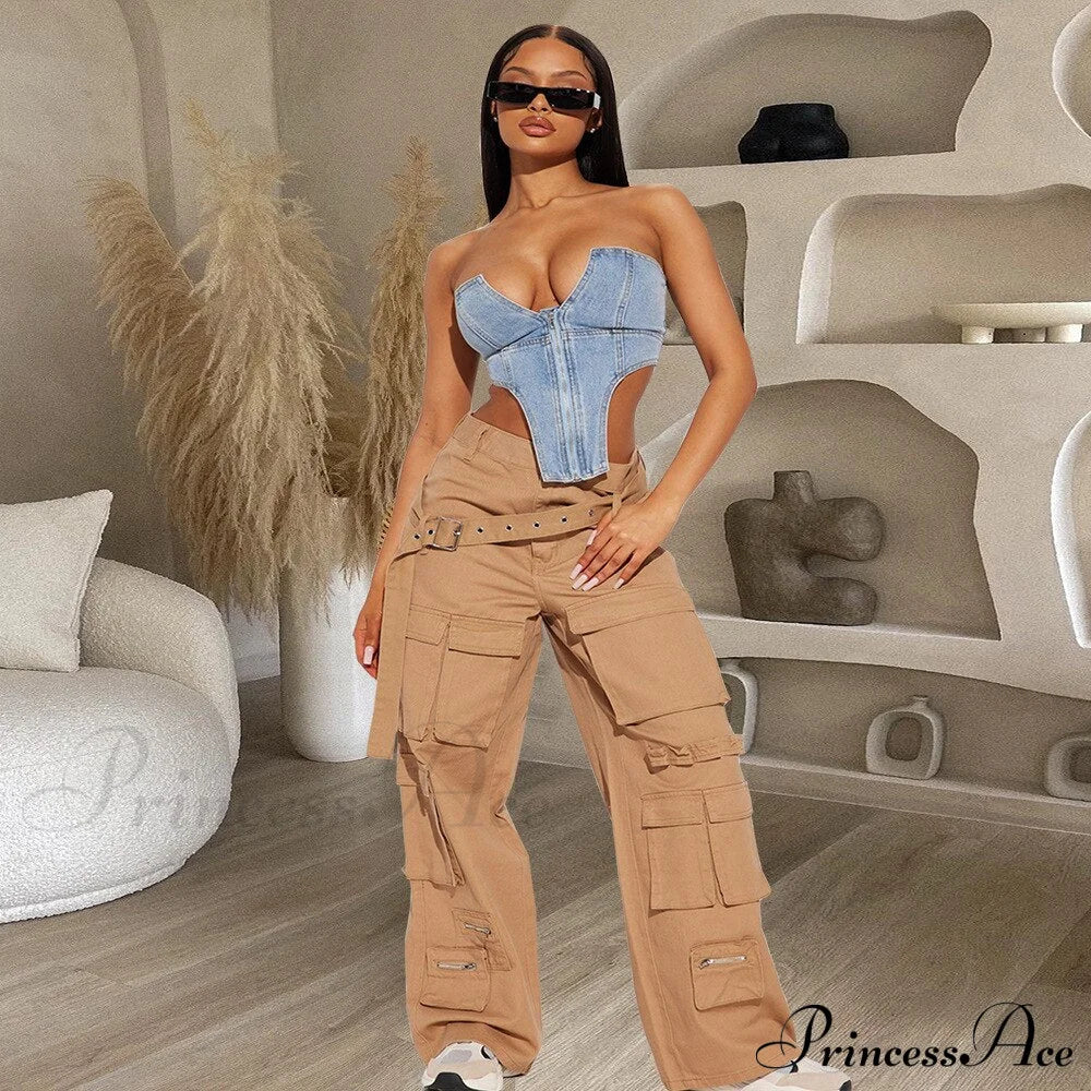 Clubwear Irregular Blue Crop Jeans Tops Warm-Season Denim Party Top Corset Streetwear Zipper Tube Strapless Clothes