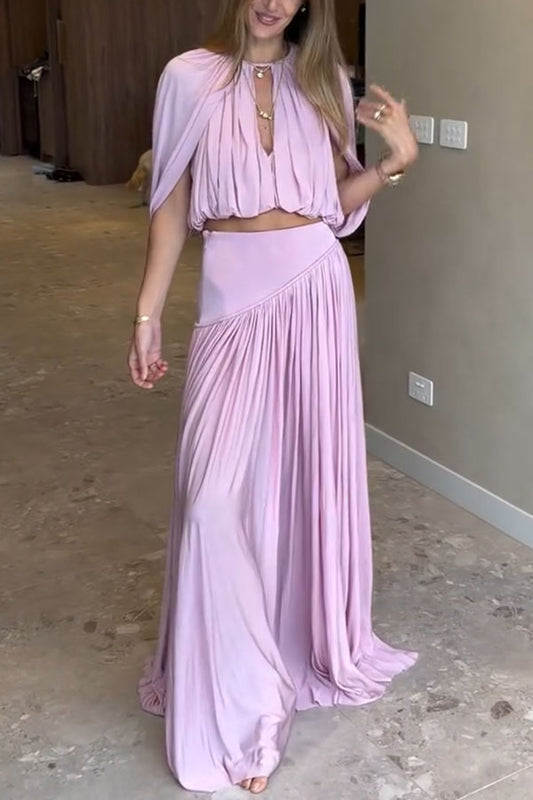 Venus Cutout Neck Slit Sleeve Crop Ruched Top and High Rise Pleated Maxi Skirt Set