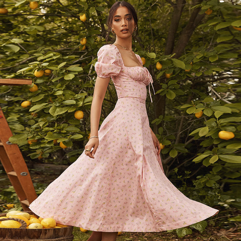 Daisy Print Smocked Waist Puff Sleeve Square Neck High Slit Midi Dress