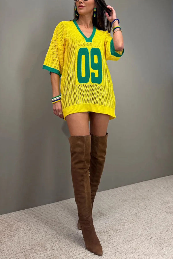 World Cup Digital Jacquard Loose V-neck Short-sleeved Knit Top