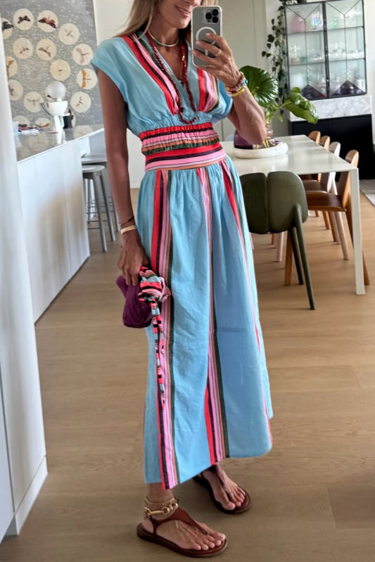 Stylish Striped Print V-neck Cropped Top and Elastic Waist Casual Maxi Skirt Set