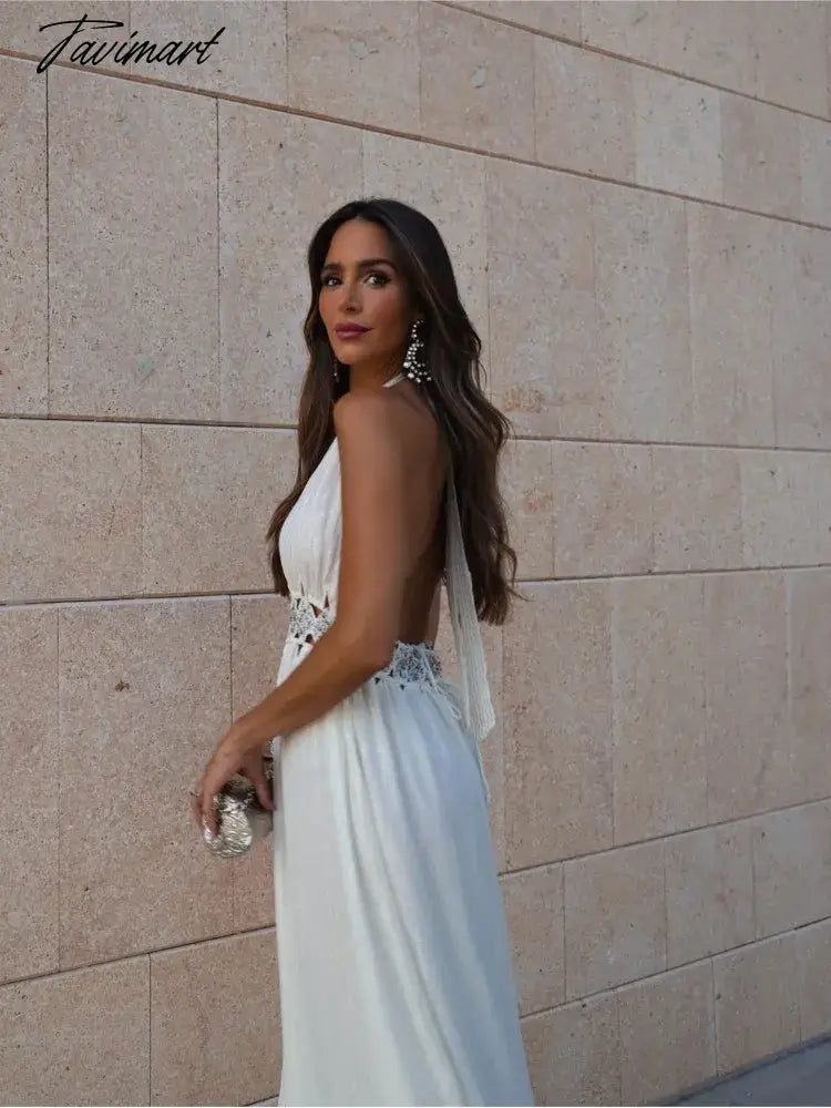 Elegant Hollowed Out Lace Up Halter Dress Women V-Neck Sleeveless Backless Long Dresses Summer Lady New Party Club Vestidos
