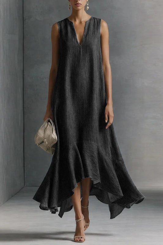 Stylish V-neck Sleeveless Loose-fitting Irregular Denim Midi Dress