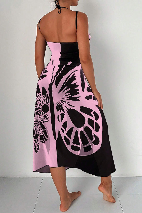 Fashionable Color-blocked Butterfly Print Resort Cover-up Midi Dress