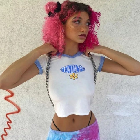 Cute Blue Lace Letter Embroidery Floral Print Short Sleeve Shirt Crop Top Aesthetic Casual Summer E-Girl Kawaii Korean Japanese Harajuku Streetwear