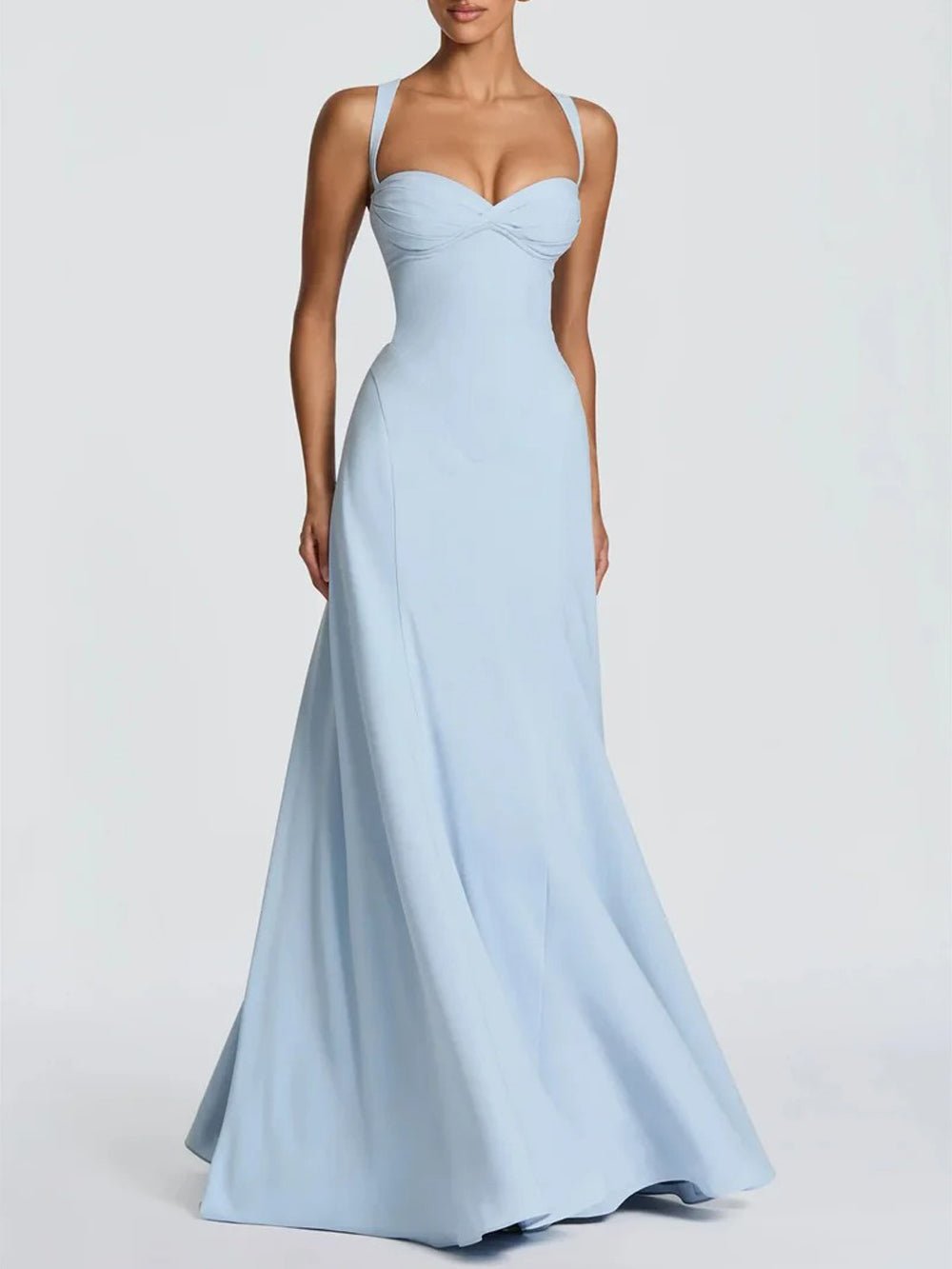 Blue Crepe Sweetheart Neck Pleated Bust Twist Detail Wide Strap Sleeveless Drop Waist Princess Seam Panel A-Line Gown