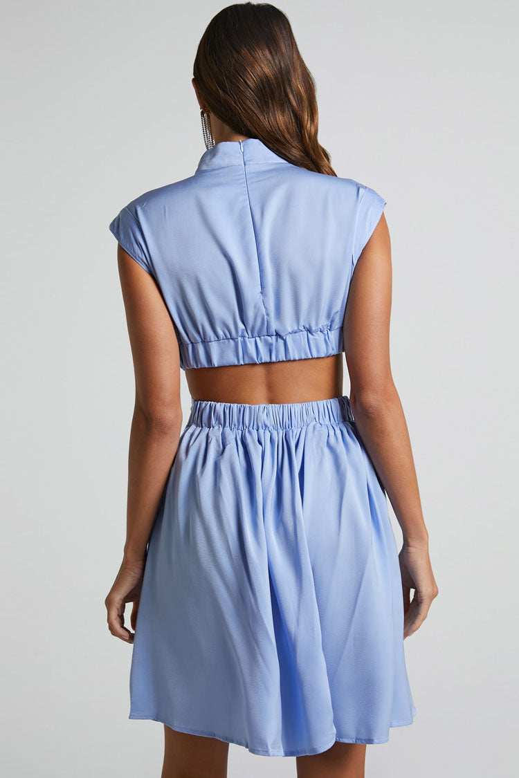 Mock Neck Cap Sleeve Ruched Bodice Waist Cutout Pleated A-Line Mini Dress