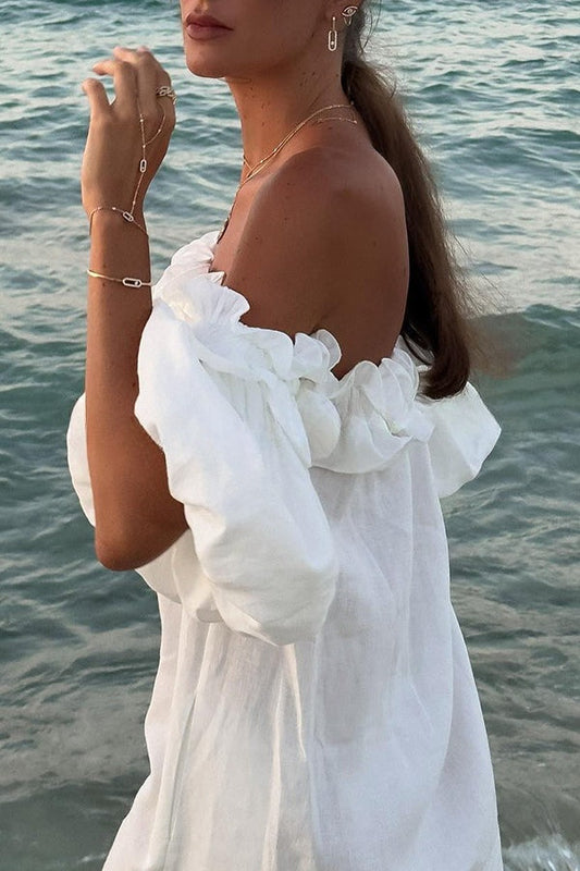 Francisca Linen Blend Off Shoulder Ruffle Puff Sleeve Pocketed Midi Dress