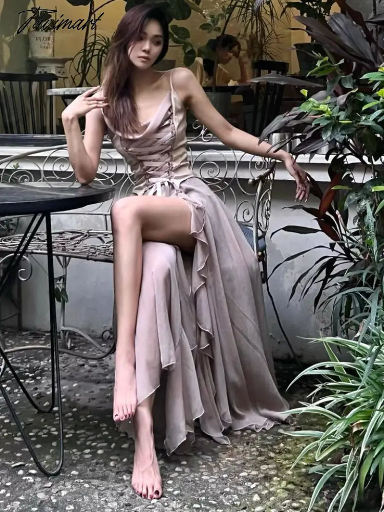 French Strapping Ruffled Edges Fairy Suspender Dress Summer New Gentle Waistband Bandage Birthday Party Dresses