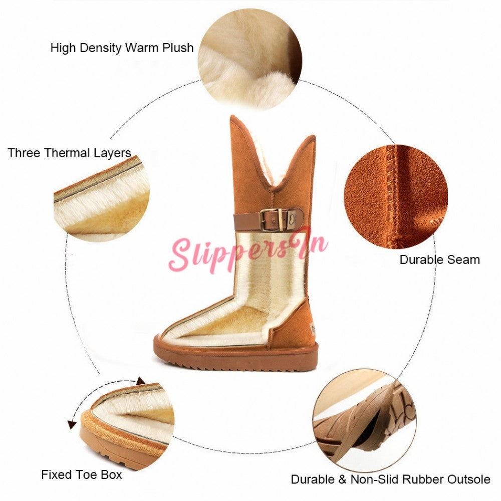 Knee High Boots with Fur Trim Winter Flat Tall Suede Boots for Women