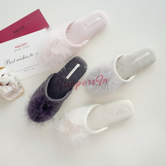 Womens Fluffy Pom Pom Slippers Comfy Memory Foam House Shoes