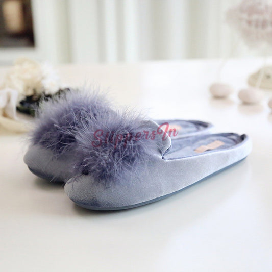 Women's Fuzzy Pom Pom Slippers Pink Velvet House Shoes