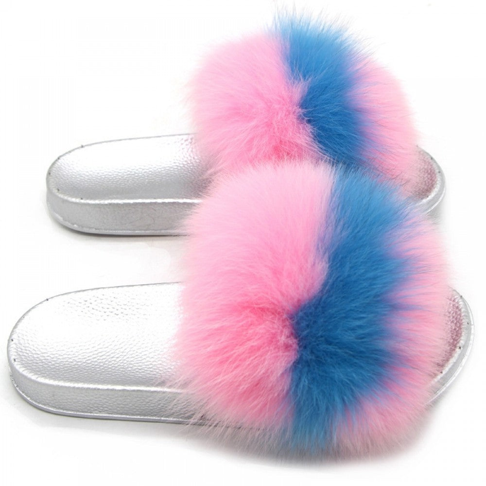 Cute Fur Slides Silver Sole Fluffy Slide Sandals