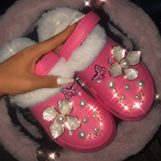 Women's Fur Lined Clogs Pearls Decor Slide Shoes