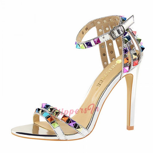 Womens Colorful Rivets Stiletto Heel Sandals Ankle Strap Buckle Pointed Shoes