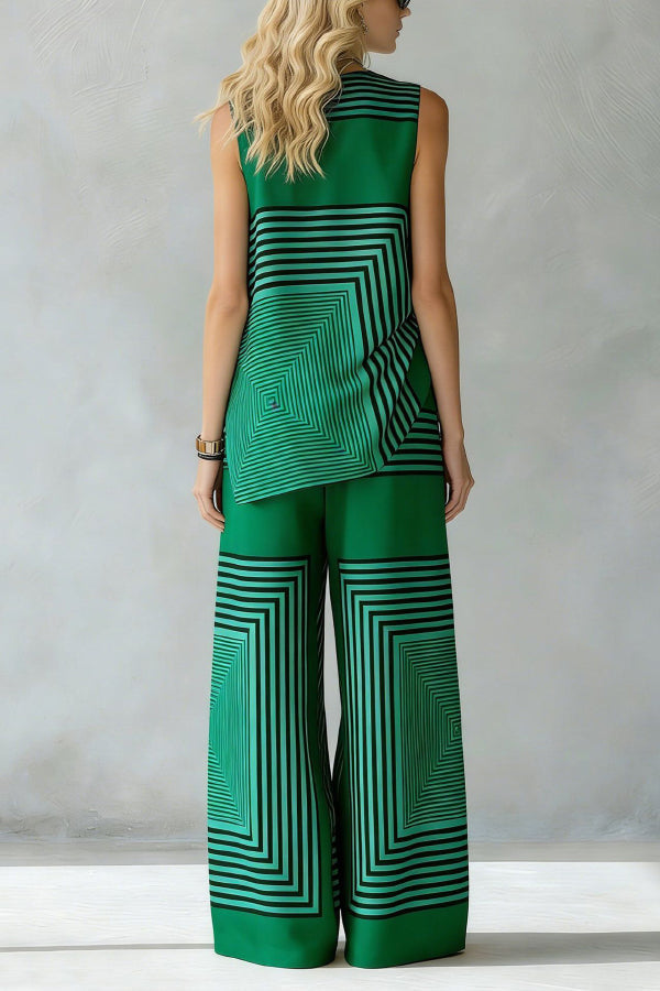 Geometric Print Loose-fitting Round Neck Sleeveless Top and Elastic Waist Casual Pocket Wide-leg Pants Set