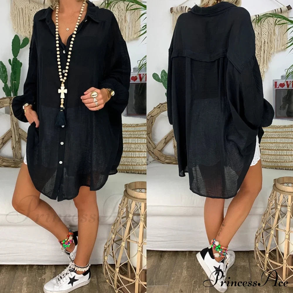 Gown Office Robe Linen Lapel Lady Long Vestidos Blouse Cotton Tunic Casual Women Solid Work Blouses Shirts Femme