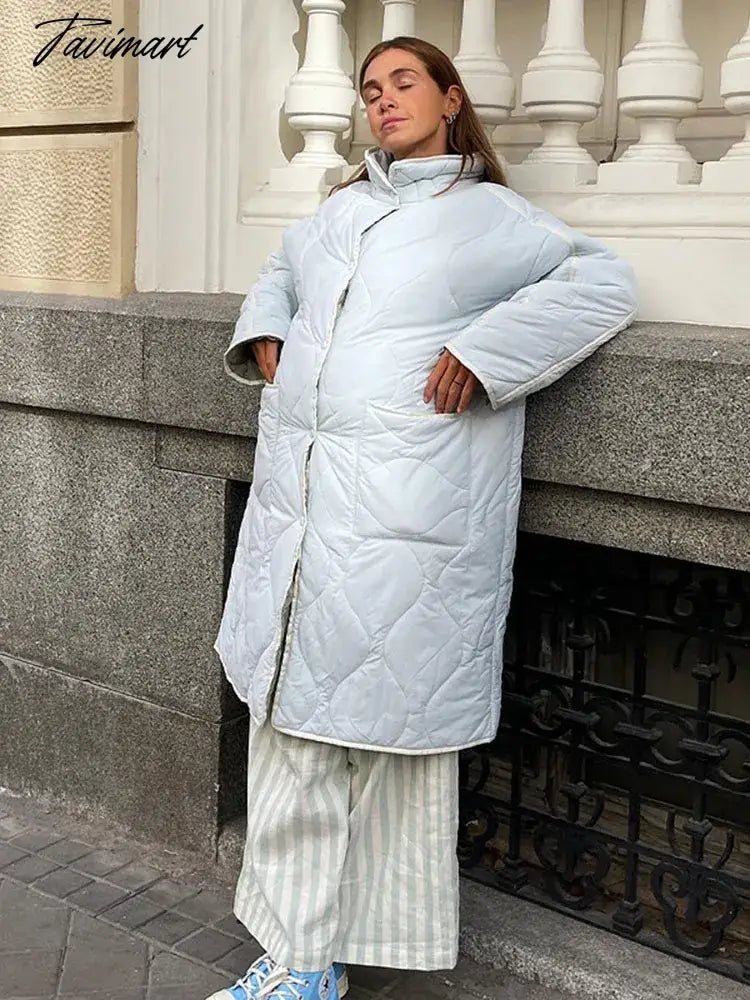 High Collar Long Cotton Jacket For Women Loose Solid Color Warm Pocket Coat Winter Fashion Female Casual Street Outwears