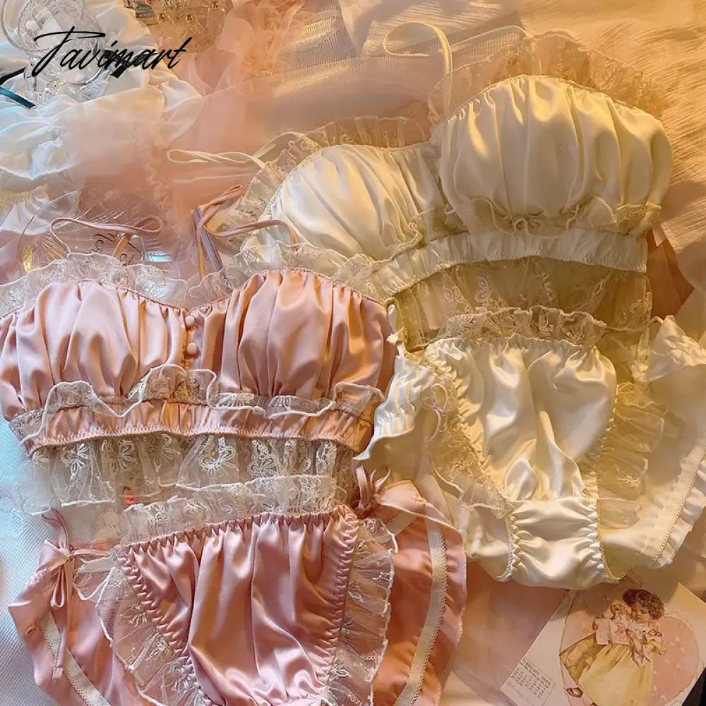 Japanese Cotton Cup Underwear Sexy Ultra-thin Bras Vintage Satin Lace Wire Free Tube Top Bra Set Fairy Lingerie Sets Nightwear