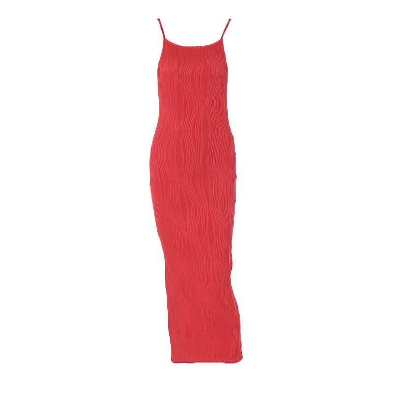 Square Neck Spaghetti Strap Wave Texture Bodycon Midi Dress