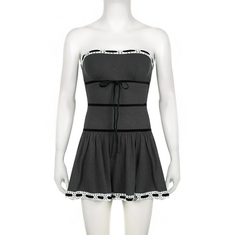 Strapless Velvet Band Bow Eyelet Lace Trim Drop Waist Tube Mini Dress
