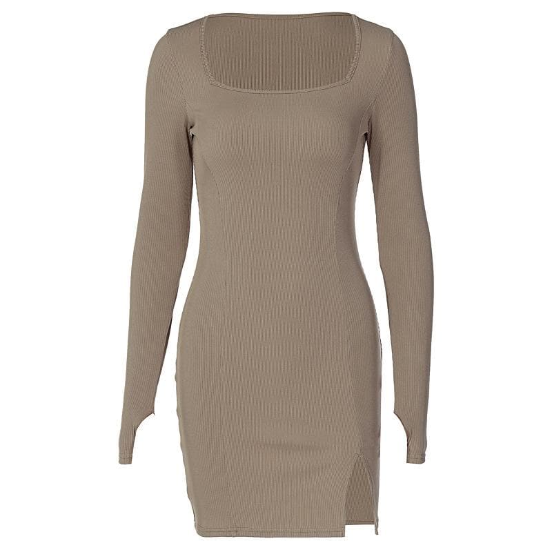 Square Neck Long Sleeve Thumbhole Side Slit Bodycon Mini Dress