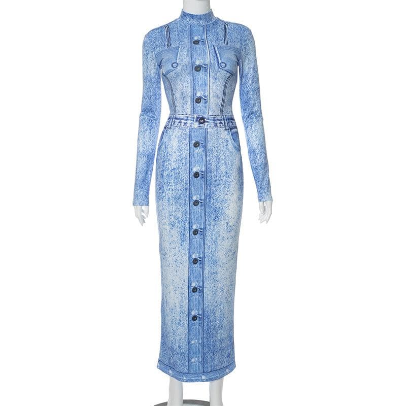 Mock Neck Faux Denim Acid Wash Print Long Sleeve Bodycon Maxi Dress