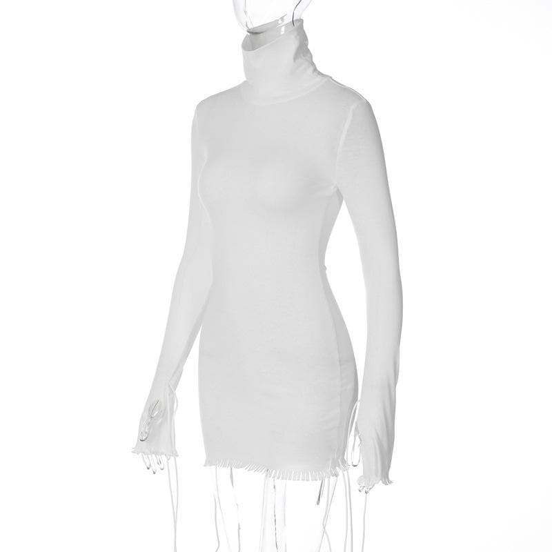 Mock Neck Long Sleeve Drawstring Cuff Tassel Trim Bodycon Mini Dress