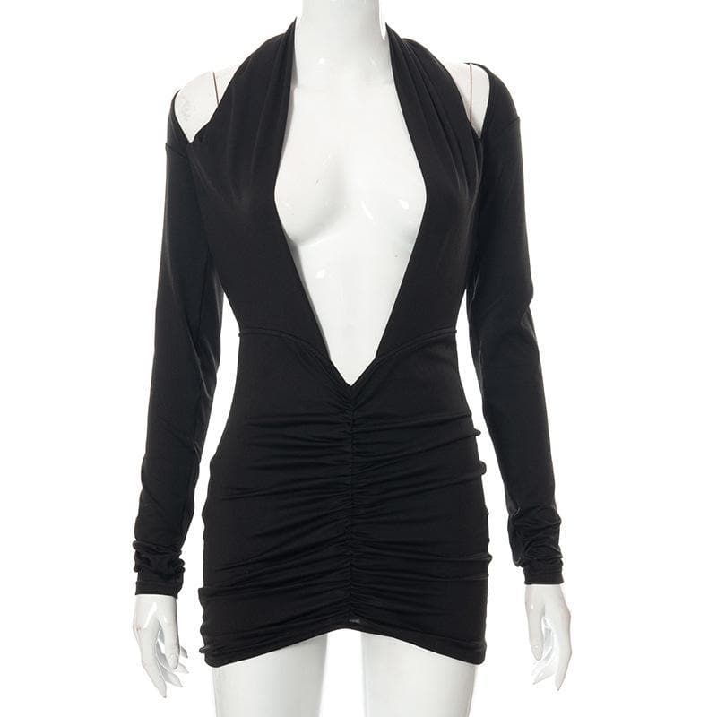 Deep V Neck Cold Shoulder Long Sleeve Ruched Bodycon Mini Dress