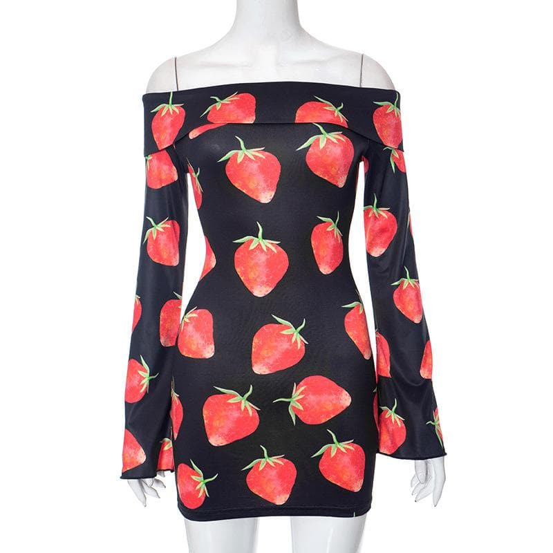 Strawberry Print Off Shoulder Flared Cuff Long Sleeve Bodycon Mini Dress