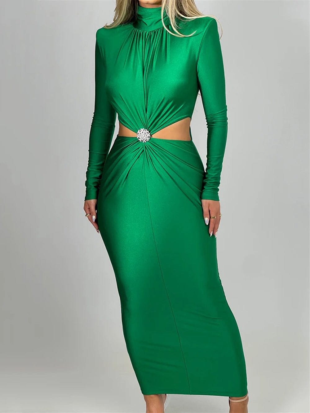Green Mock Neck Long Sleeve Waist Cut Out Rhinestone Brooch Bodycon Maxi Dress