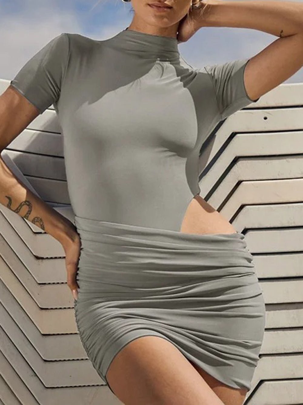 Mock Neck Short Sleeve Waist Cut Out Ruched Bodycon Mini Dress