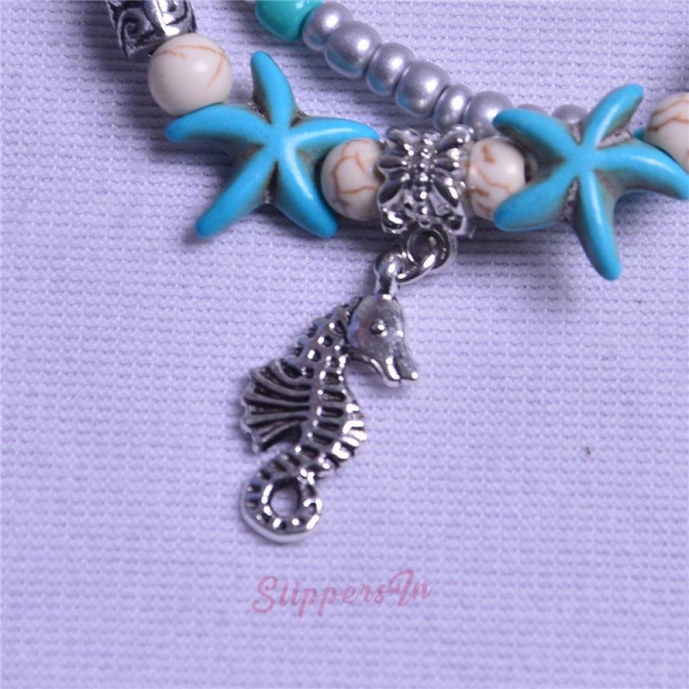 Blue Starfish Turtle Anklet Multilayer Charm Beads Sea Boho Anklet for Women