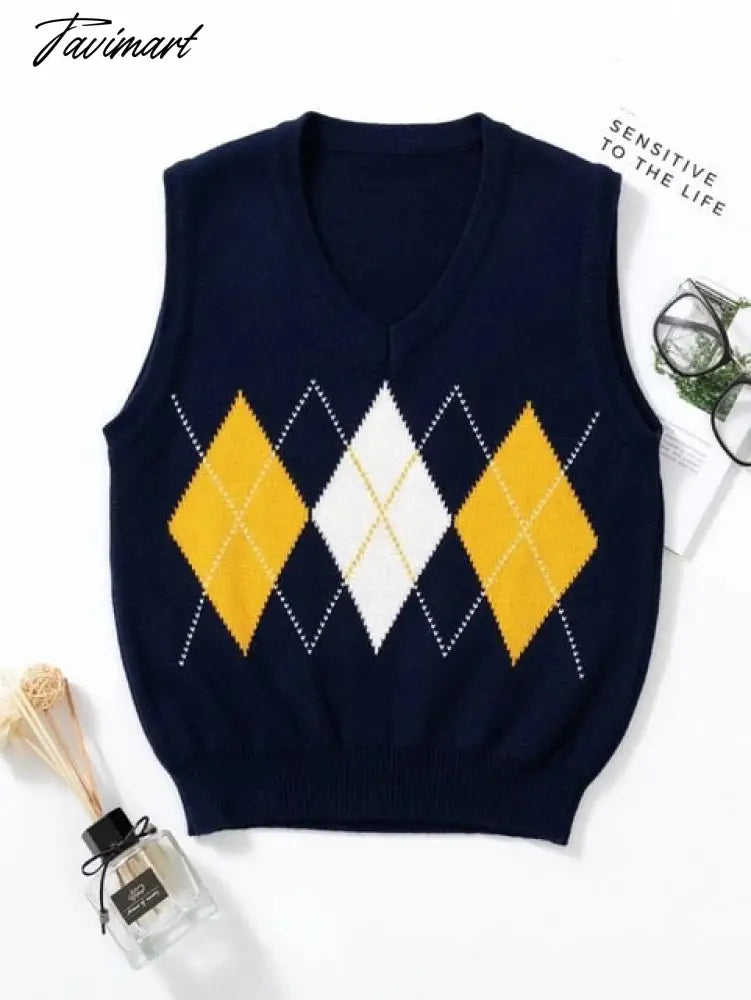 Knitted Vest Vangull Argyle Fashion Women Casual Korean Pullover Elasticity Sweater Spring Autumn Sleeveless V-Neck Tank Tops