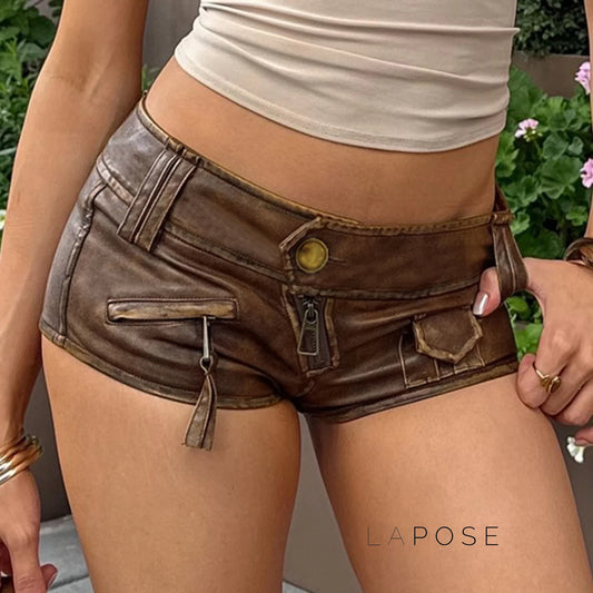 Ainslie Brown Faux Leather Biker Shorts