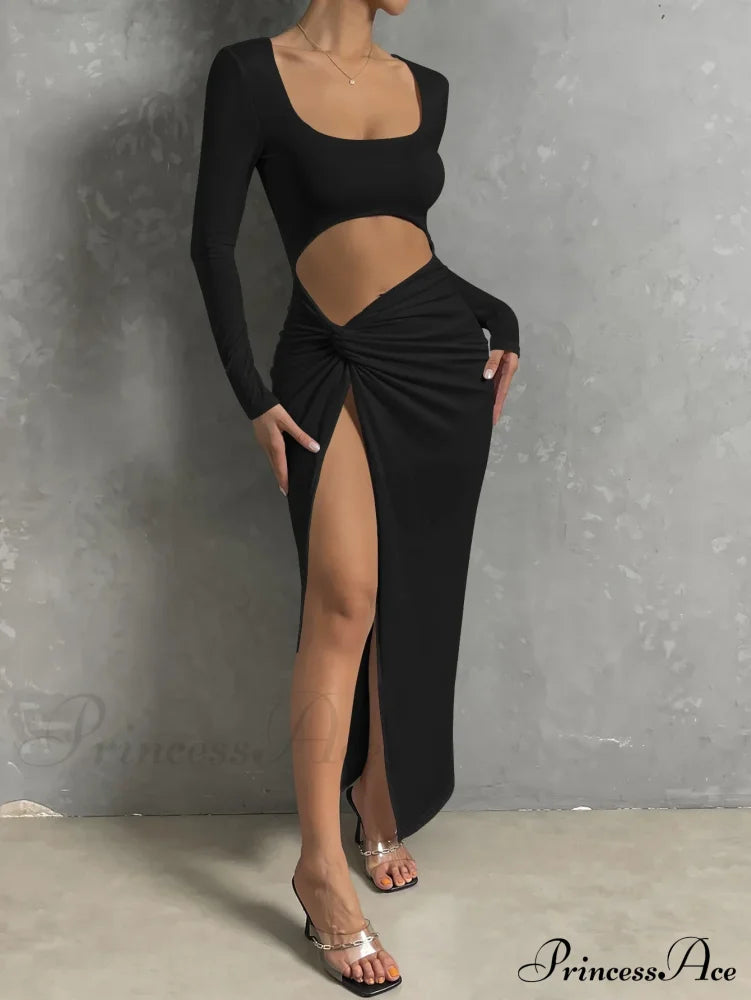 Long-sleeved Square Neck Long High Split Nightclub Wear Hollow Out Cut Out Dress