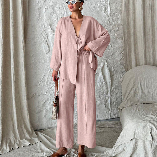 Loose cotton lounge cardigan trousers two piece set