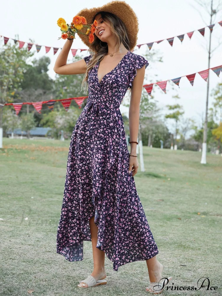 Lotus V-Neck Warm-Season Gown Coastal Low Sleeves Flowered High Straps Tank Foliage Dress