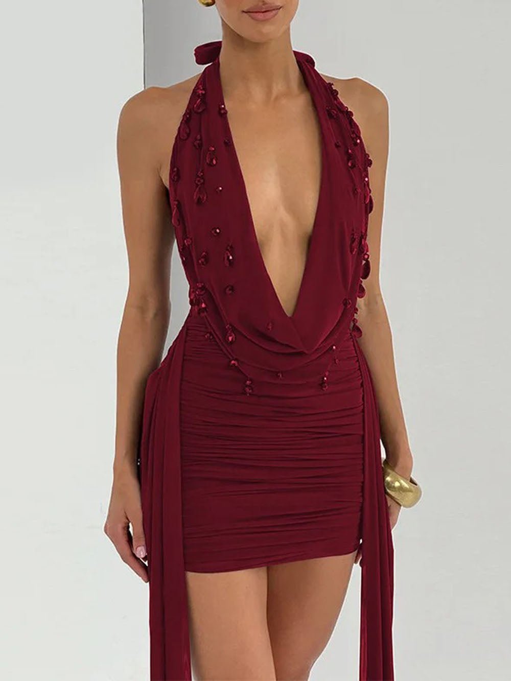 Red Halter Neck Deep V-Neck Beaded Ruched Side Sash Mini Dress