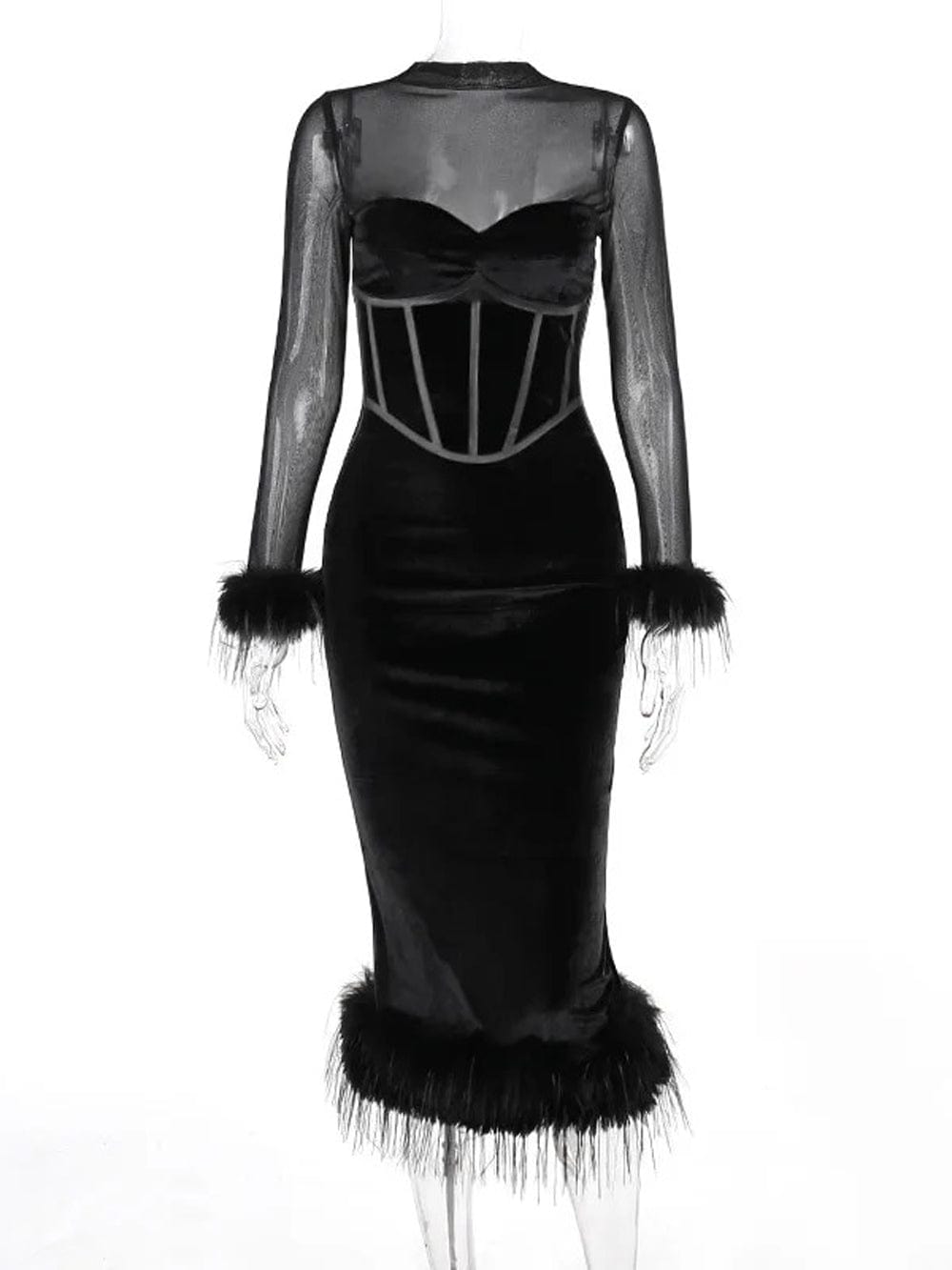 Black Mesh High Neck Corset Sweetheart Feather Trim Velvet Midi Dress