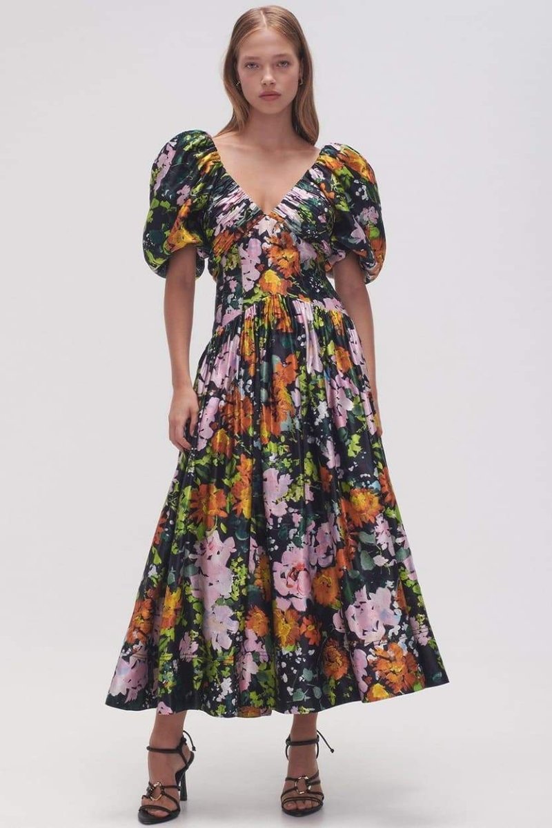 Floral Print Deep V-Neck Ruched Puff Sleeve Gathered Skirt Midi Dress