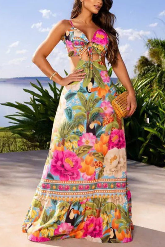 ® Mexico Style Tropical Print Ring Cutout Lace-up Vacation Maxi Dress