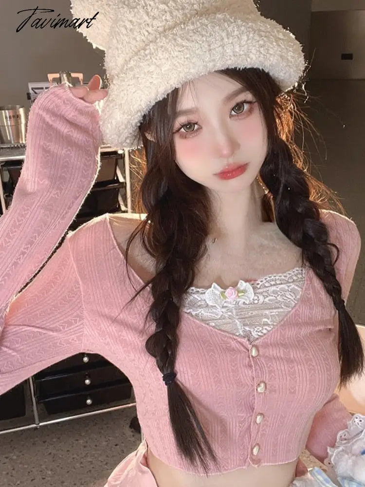 Mqtime Pink Sweet Sexy Fake Two Piece Shirt Women Patchwork Slim Fit Y2k Sweet Tops Female Lace Party Holiday Chic T-Shirts New