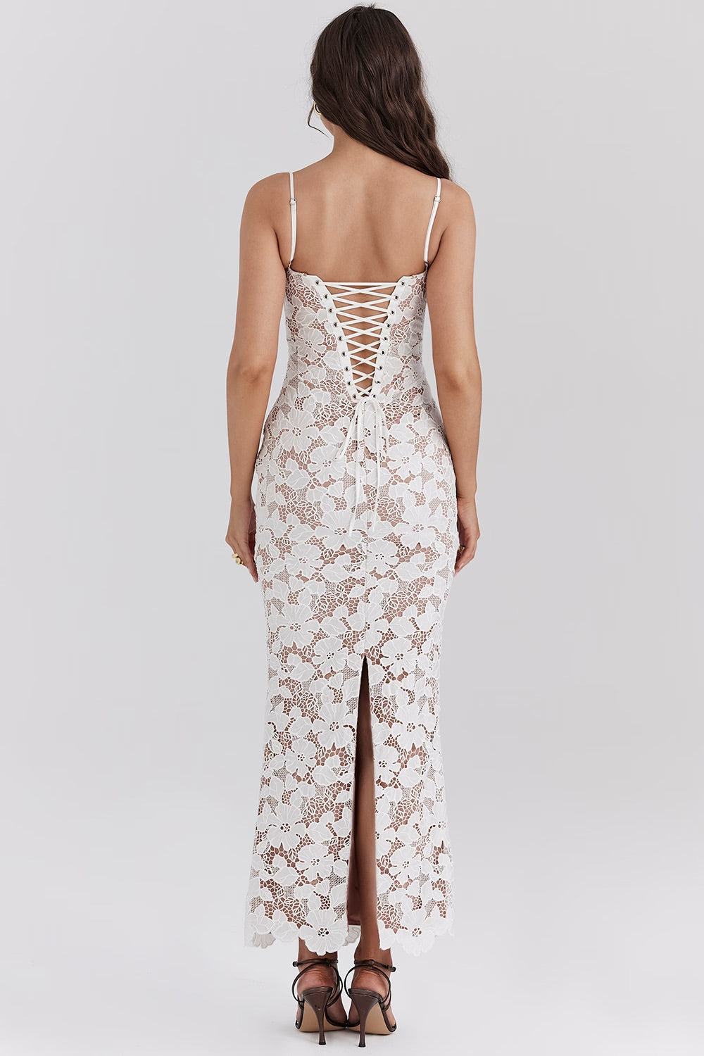 Sweetheart Neck Spaghetti Strap Lace Overlay Column Maxi Dress